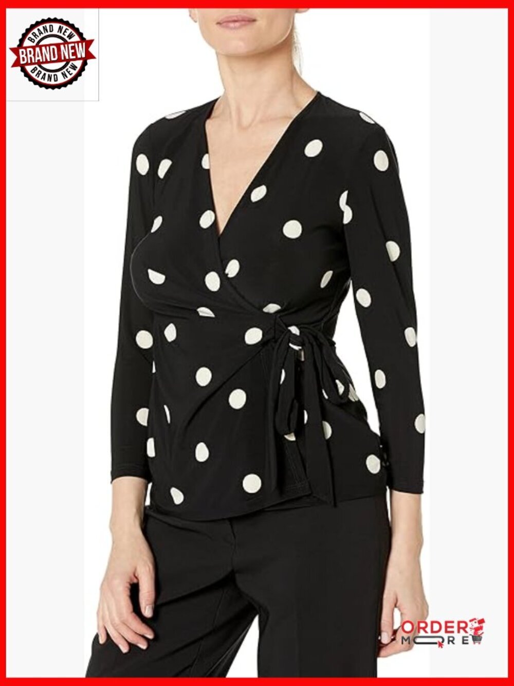 3/4 Sleeve Polka Dot Jersey Wrap Top V-Neck Blouse Tunic